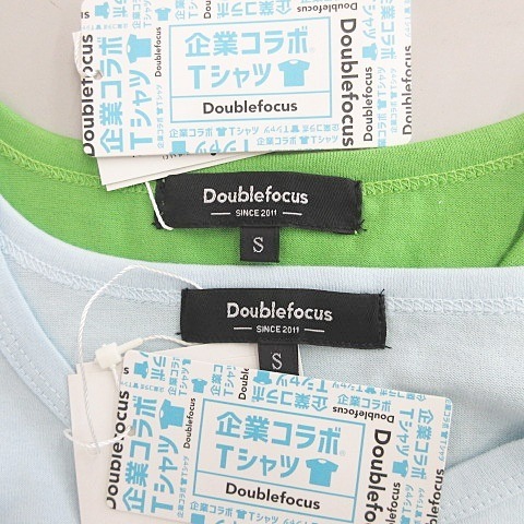 未使用品 ダブルフォーカス Double focus Tシャツ 2枚セット 半袖 丸首 企業コラボ プリント イラスト 綿 グリーン ブルー S メンズ_画像3