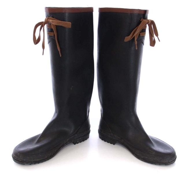  Aigle AIGLE rain boots rain shoes long Flat race up boots shoes S5 23cm black black /DK lady's 