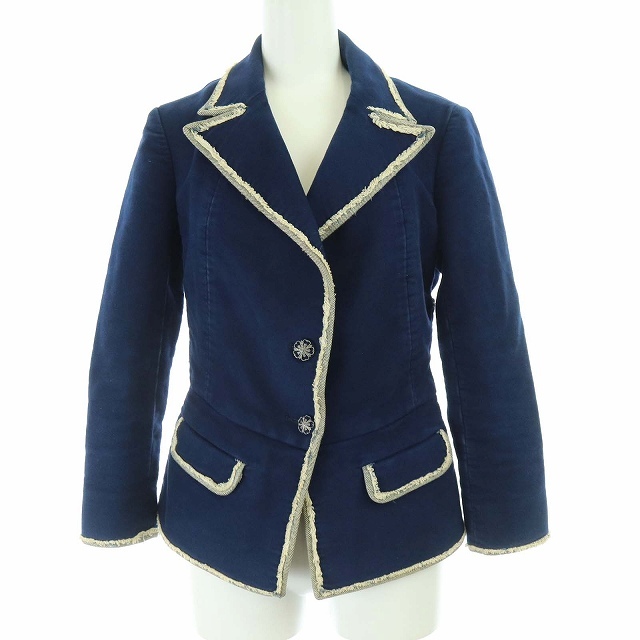  Chanel CHANEL 07A molding s gold tailored jacket 7 minute sleeve race up here Mark here button Italy made 36 XS navy blue navy P3125