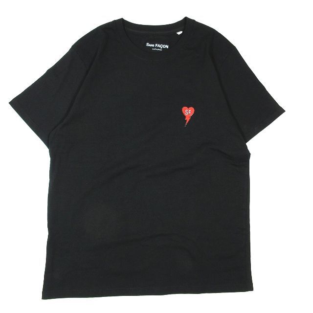 美品 ソンファソン SANS FACON Tシャツ カットソー 半袖 ハート ワッペン ロゴ プリント 黒 ブラック L メンズ