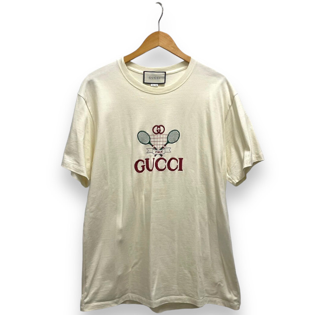 Gucci Gucci 20SS T -For -Fish с коротким рукавом логотип вышивки L Bacchu Cream Men