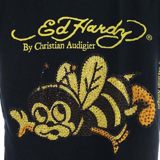  Ed Hardy -Ed Hardy rhinestone equipment ornament print T-shirt cut and sewn short sleeves cotton XS navy blue? color orange /NR #OS lady's 