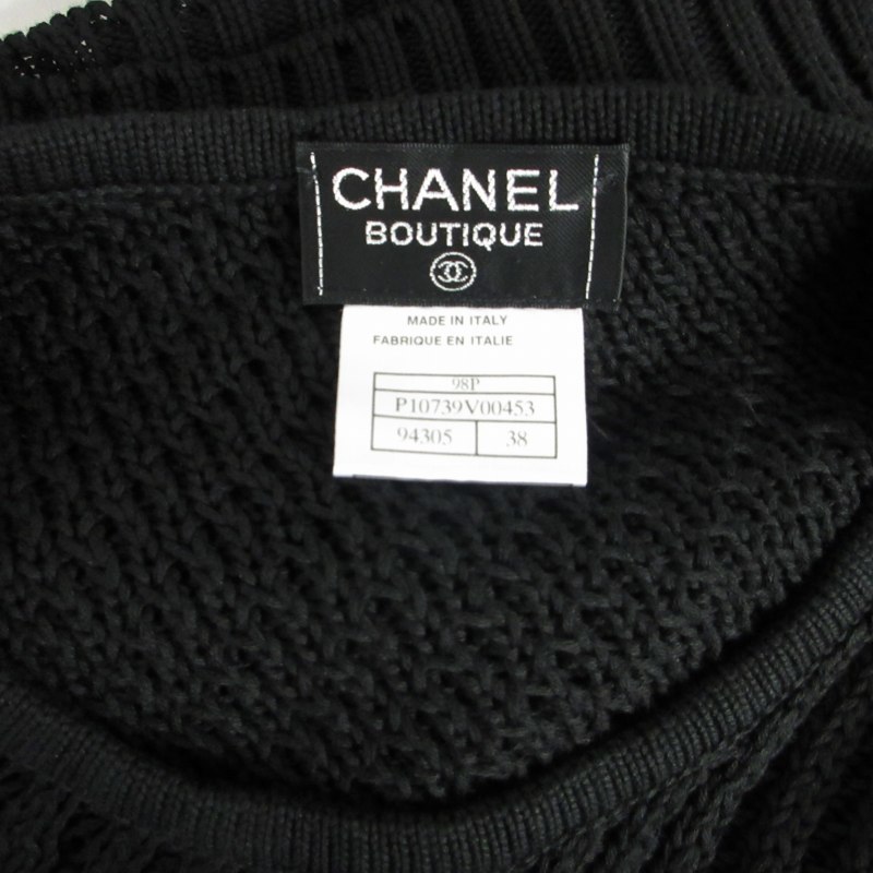 シャネル CHANEL BOUTIQUE ヴィンテージ 98P 90s オープンニットTシャツ セーター ケーブル調 ココマーク刺? 半袖 ブラック 38 約S～M相当_画像7