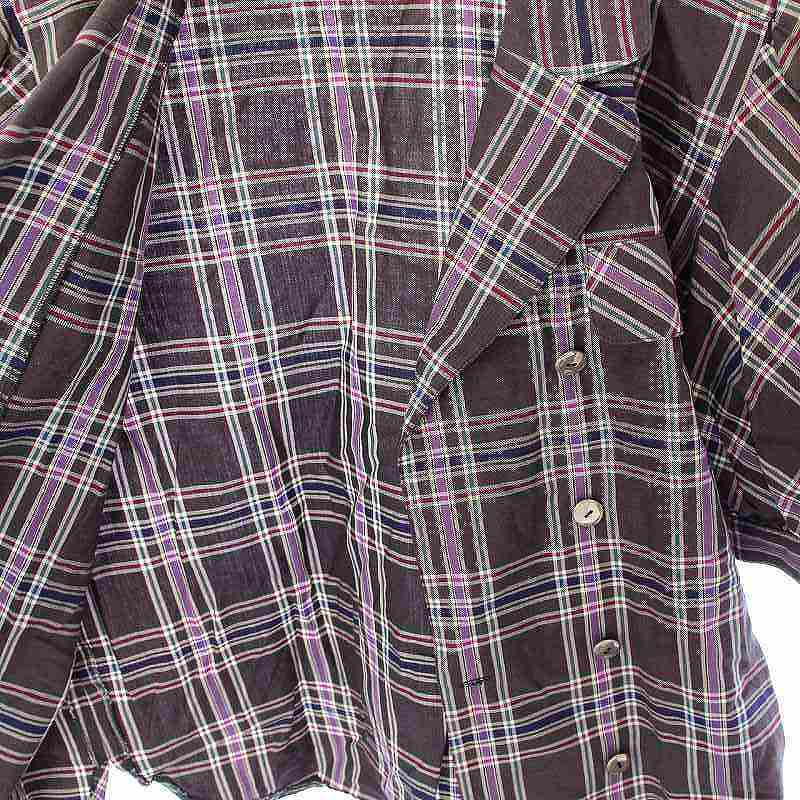 レリアン Leilian シャツ テーラードジャケット 半袖 ダブル チェック コットン 紫 パープル /UY36 レディース_画像7