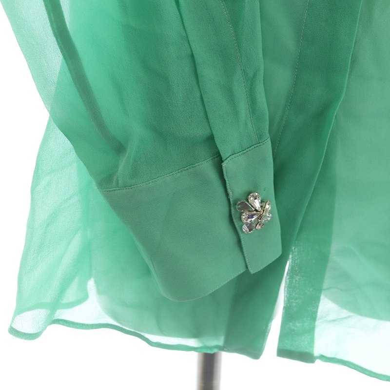 エルマノシェルビーノ ERMANNO SCERVINO ブラウス シャツ Uネック 長袖 ビジュー装飾 比翼ボタン 絹 シルク 44 XL 緑 グリーン /SI122の画像6