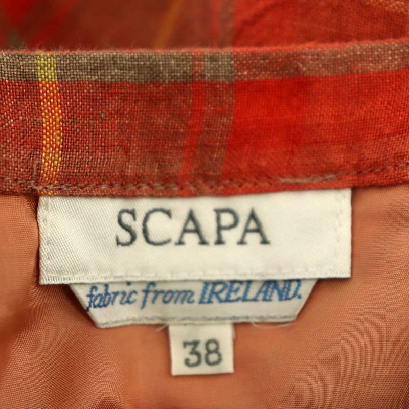  Scapa SCAPA check long skirt flair linen38 red gray yellow color /NR #OS lady's 