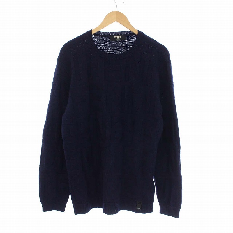 フェンディ FENDI Repeat Logo Knit Sweater マルチロゴ リピートロゴ 長袖 ニット セーター クルーネック 52 XL 紺 ネイビー /KH メンズ_画像1