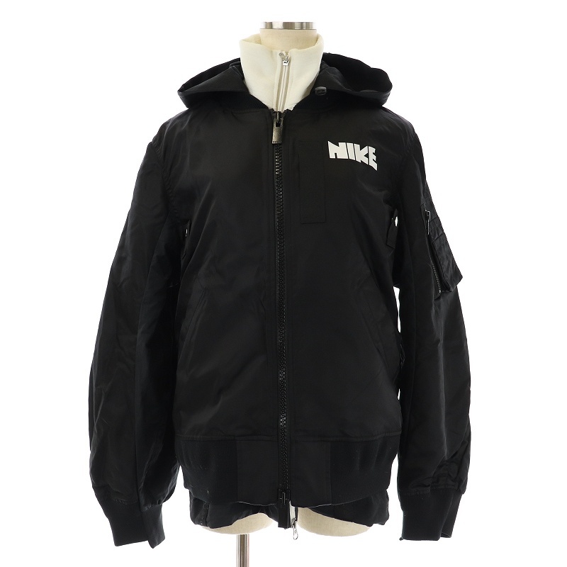 ナイキ NIKE サカイ 21AW NRG LAYERED JKT ブルゾン ジャケット フェイクレイヤード フード ロゴ S 黒 ブラック 紺 ネイビー 白 ホワイト C