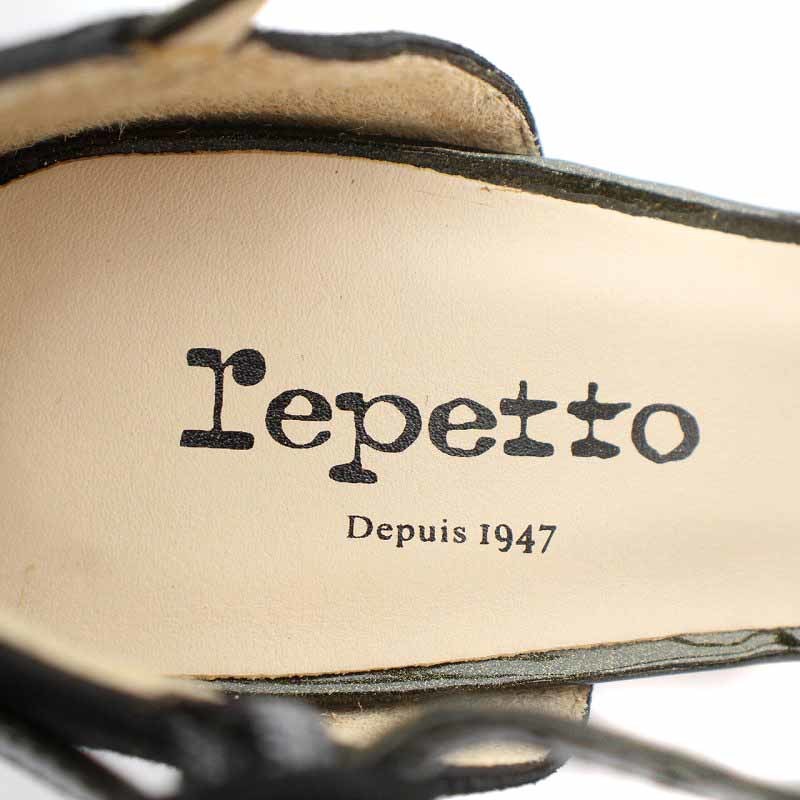 レペット Repetto T字ストラップパンプス エナメル スエード 切替 ラウンドトゥ ハイヒール 37.5 23.7cm 黒 ブラック 緑 グリーンの画像7