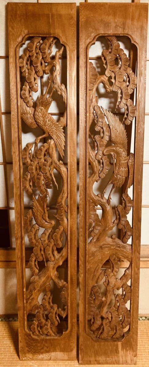 大阪欄間屋久杉鶴と松彫刻木彫り建具二枚一組らんま－日本代購代Bid第