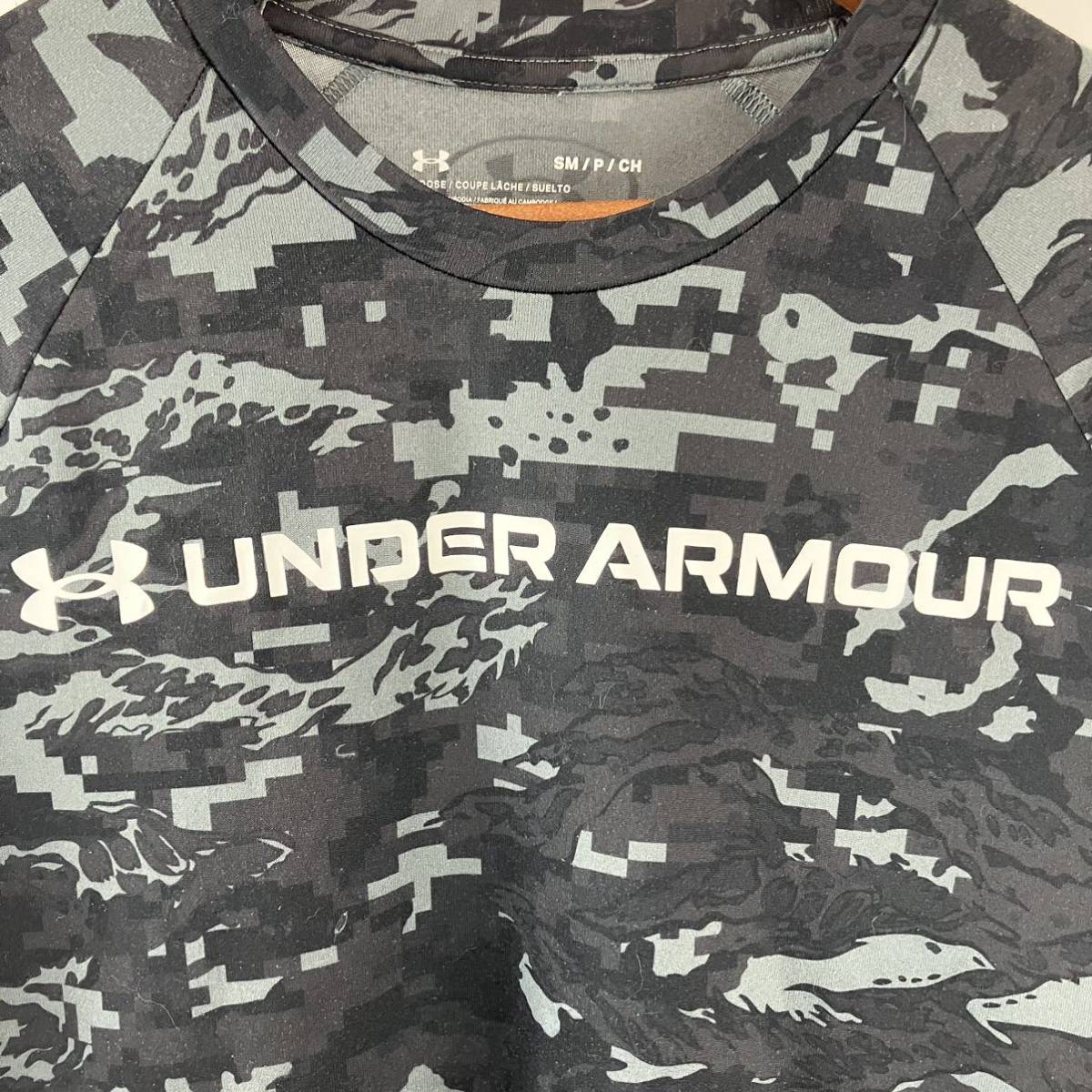 UNDERARMOUR アンダーアーマー スポーツウェア 半袖Tシャツ 総柄 迷彩柄 SPサイズ S相当 ポリエステル製 ロゴTシャツ グレー 丸首_画像4