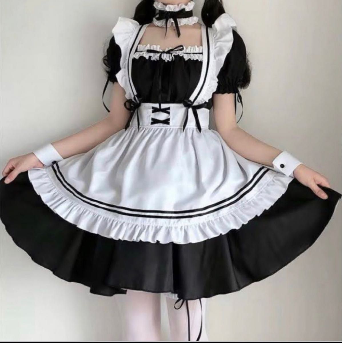 フルセット L メイド服 コスプレ ゴスロリ ハロウィン ロリ フリフリ フリル エロ可愛い ニーハイソックス コスチューム 白