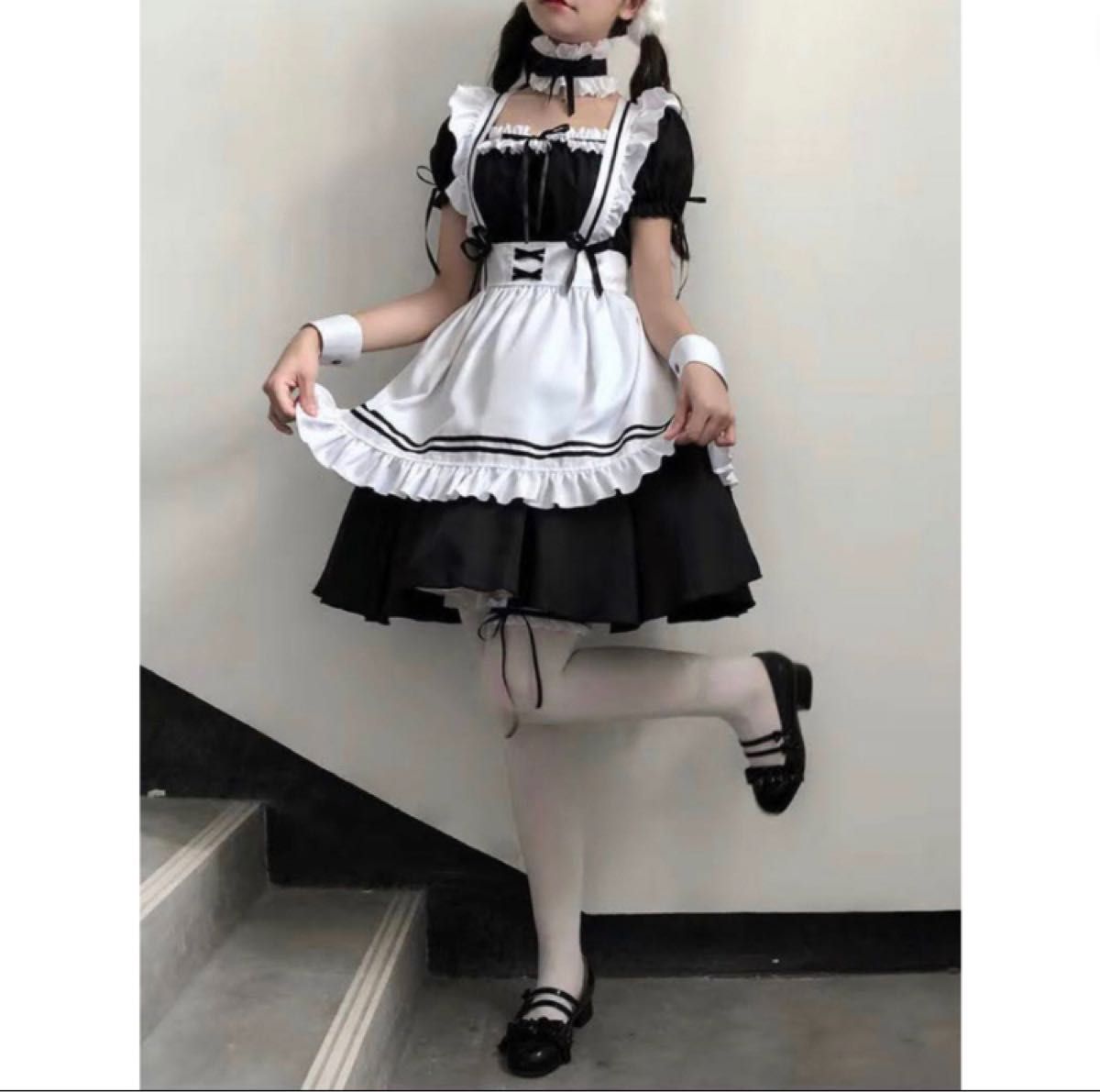 フルセット S メイド服 コスプレ ゴスロリ ハロウィン ロリ フリフリ フリル エロ可愛い ニーハイソックス コスチューム 白