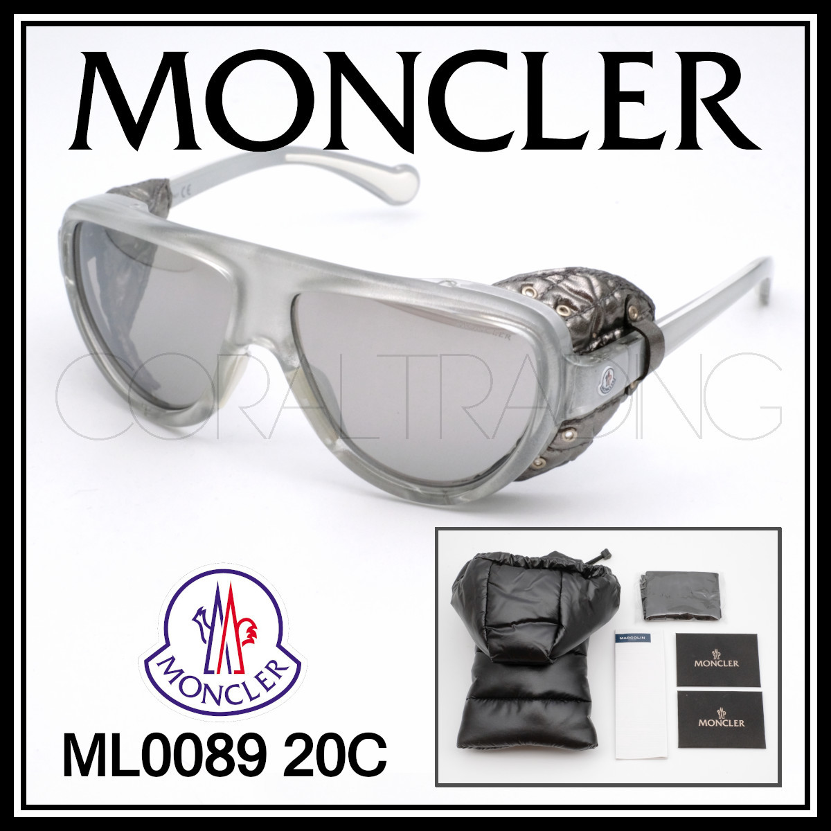 23423★新品本物！MONCLER ML0089 20C クリア/シルバー モンクレール サングラス ゴーグルタイプ 風防付き バイク スキー スノボにも！