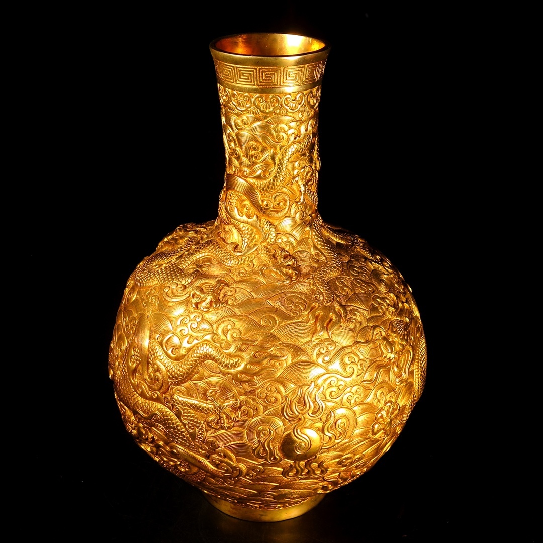 ◇旧蔵◇古美術 中国古玩 大清乾隆年製款 古銅製 銅塗金 浮雕五龍戯珠