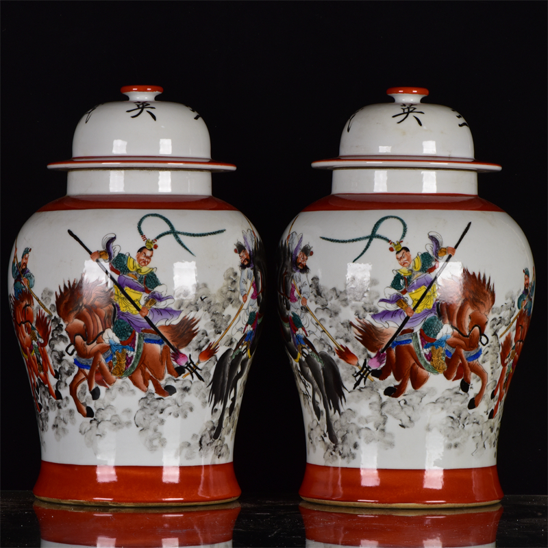 ◆旧蔵◆古美術 中国古玩 大清鹹豐年製款　粉彩　戰將　將軍罐―對　時代物　A35