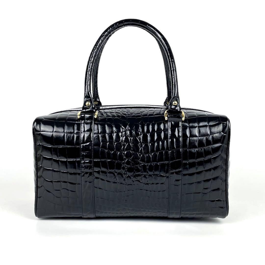 【美品】CELINE セリーヌ ハンドバッグ 馬車金具 クロコ 型押し激レア ミニボストン ゴールド金具 パテントレザー 黒 ブラック ※入手困難