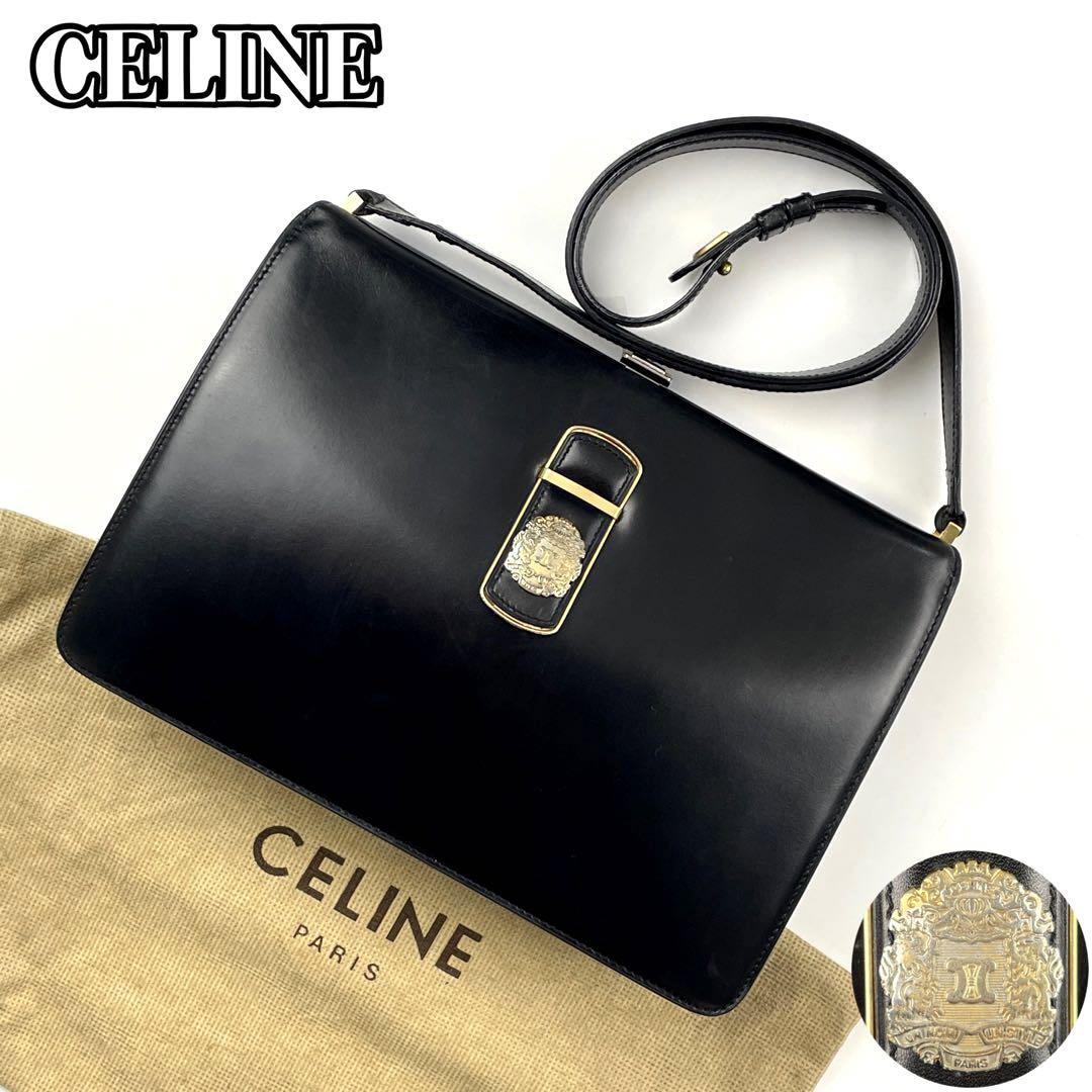 極美品CELINE セリーヌ ショルダーバッグ 2way トリオンフ マカダム ブラゾン ゴールド金具 がま口 斜め掛け カーフレザー 黒 ブラック