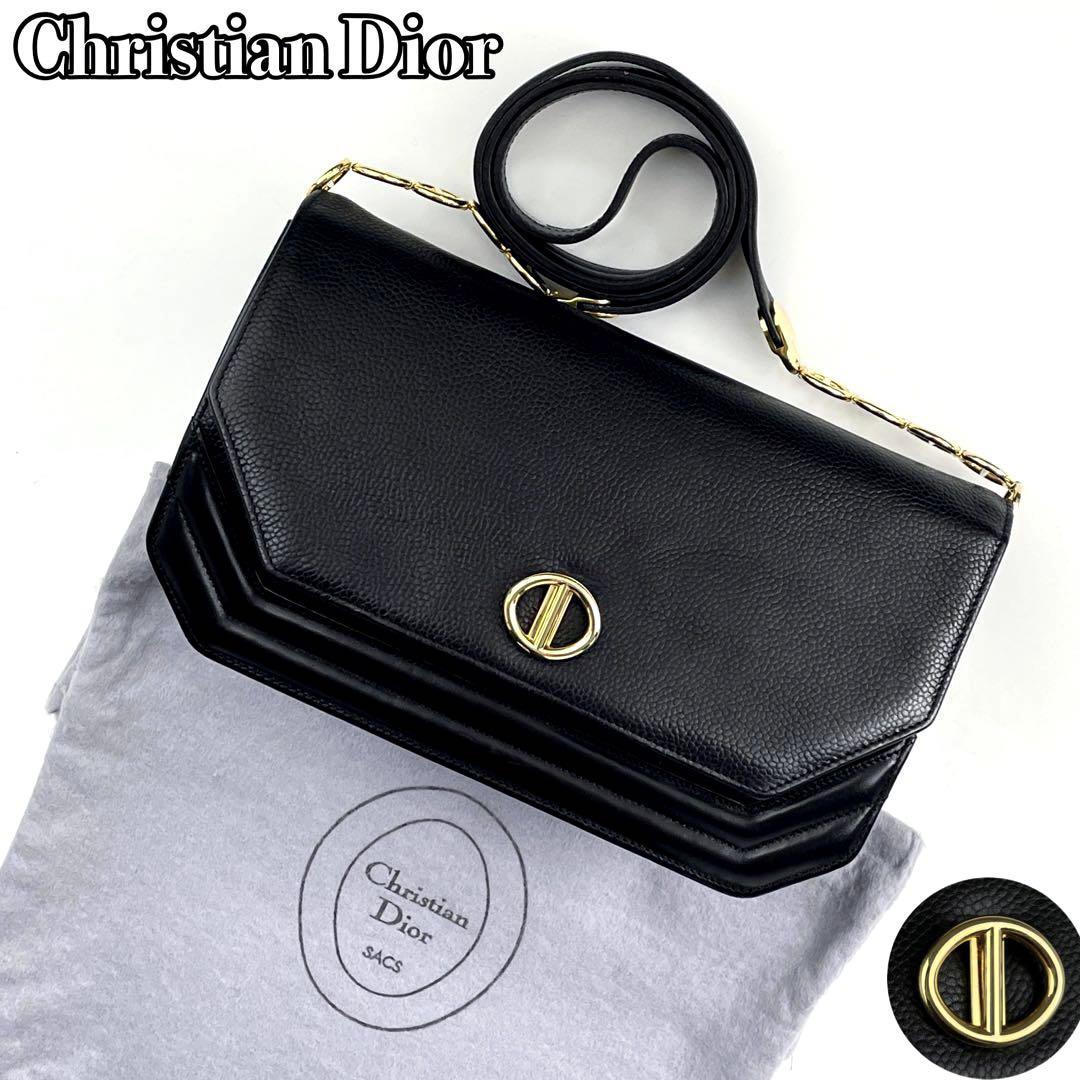 【美品】Christian Dior ディオール ショルダーバッグ CD ゴールド金具 肩掛け 斜め掛け クロスボディ チェーン シボ革 レザー 黒  ブラック