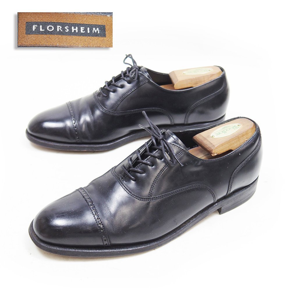 9 D表記　27cm相当　FLORSHEIM　フローシャイム 　ストレートチップ　キャップトゥ　内羽根　レザー　革靴　ブラック　黒　/U8534_画像1