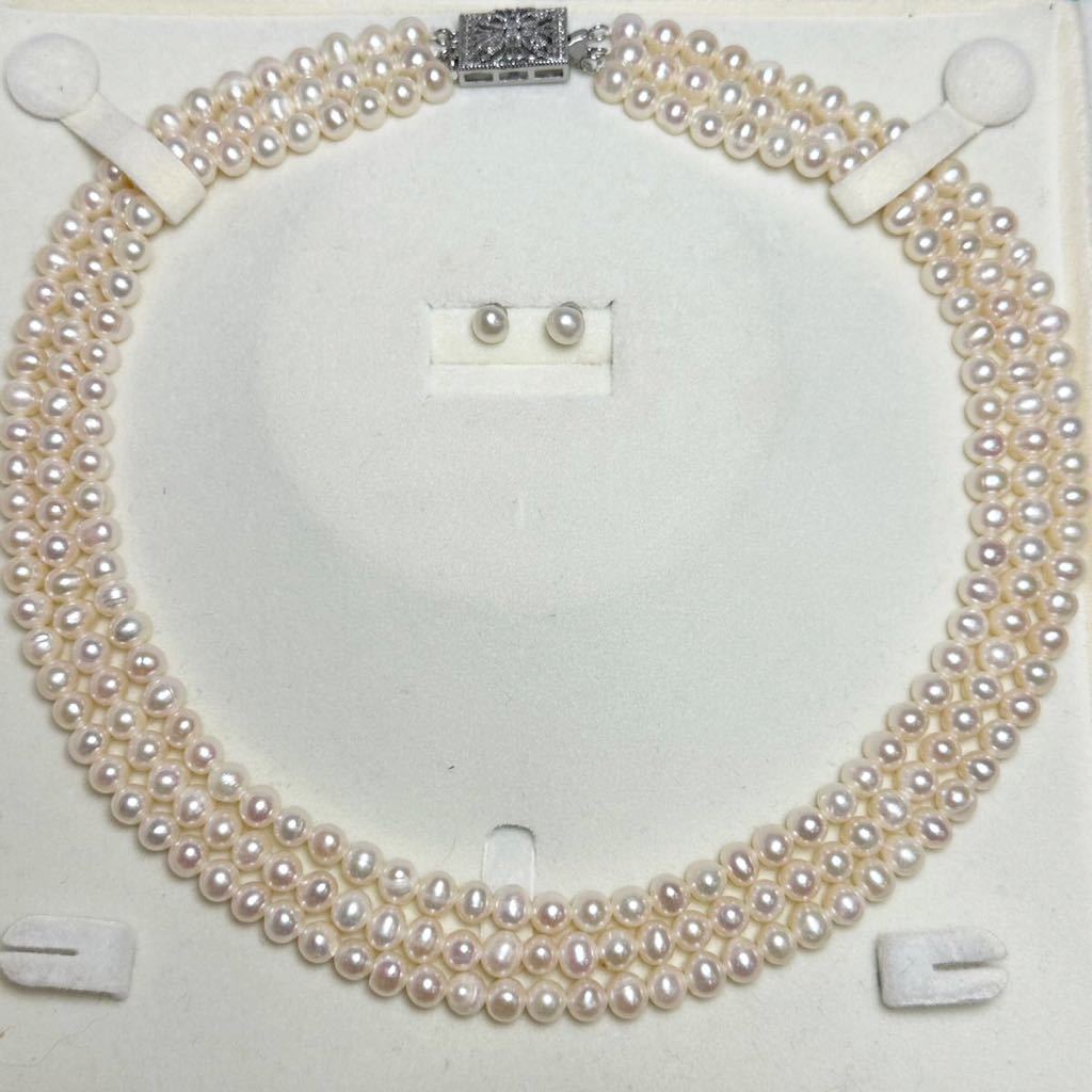 本真珠ネックレス5mm三連真珠ネックレス天然パールパールネックレス