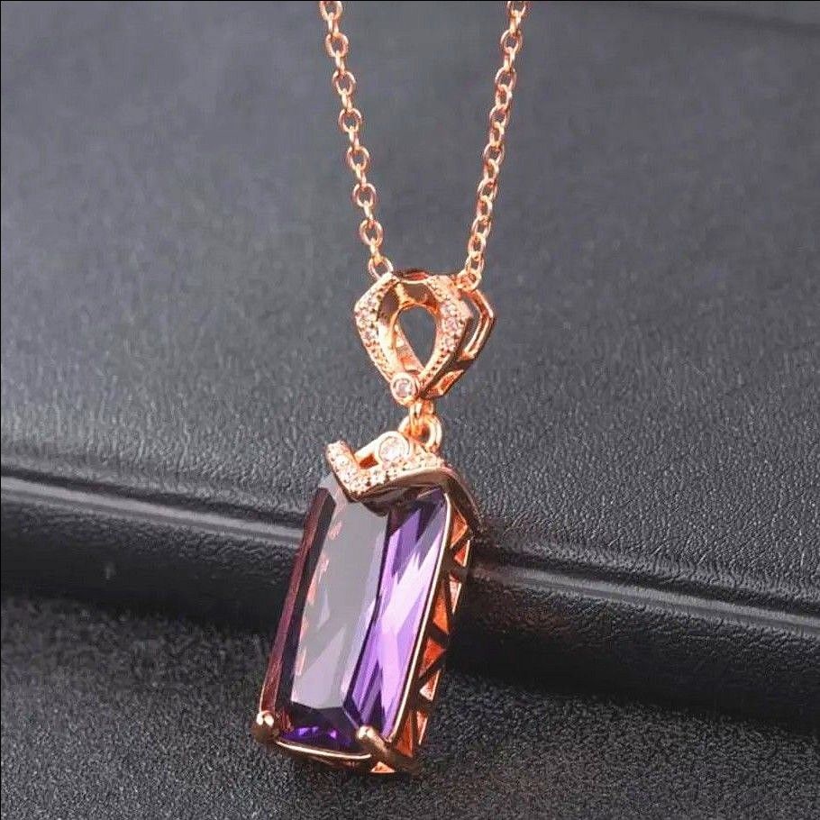 アメジスト　紫水晶　ネックレス スクエア型ネックレス czダイヤ付きネックレス ピンクゴールドコーティング　シルバー925　長方形