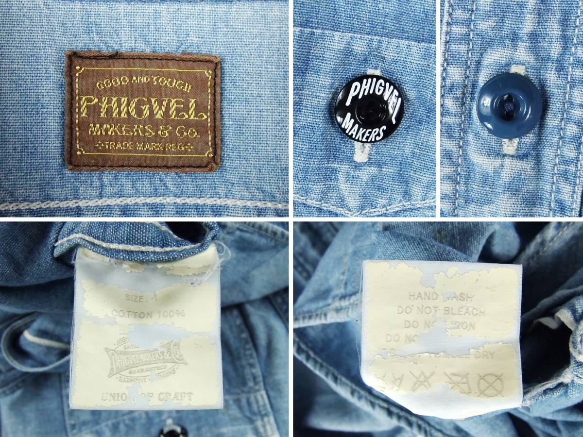 ■PHIGVEL フィグベル / 日本製 / メンズ / CHAMBRAY WORK SHIRT / インディゴ 汚し加工 シャンブレー ワークシャツ size 1 / トップス_画像3