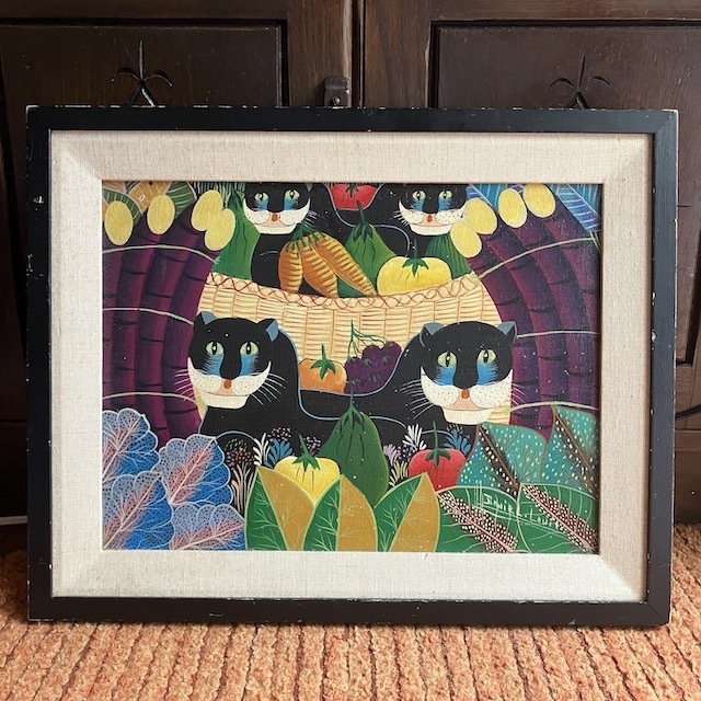ヴィンテージ 猫 アート 絵画 黒猫 フルーツ 古道具 ハンドペイント