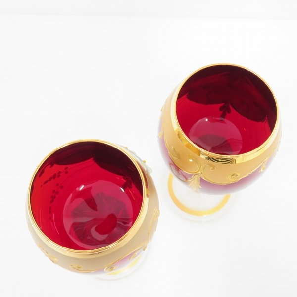 #anv ムラーノガラス MURANO GLASS ワイングラス ペア 2客 ベネチアンガラス 赤系 金彩 [826782]の画像4