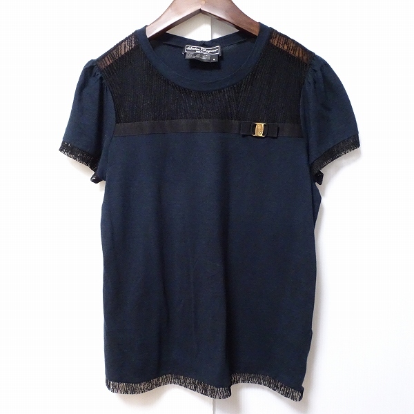 #snc Ferragamo Ferragamo cut and sewn S black short sleeves mesh vala ribbon Italy made lady's [745690]