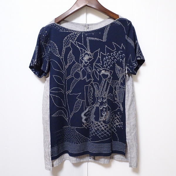 #snc Hiroko Koshino HIROKOKOSHINO cut and sewn 40 темно-синий белой серии лен . короткий рукав полоса цветочный принт женский [759115]