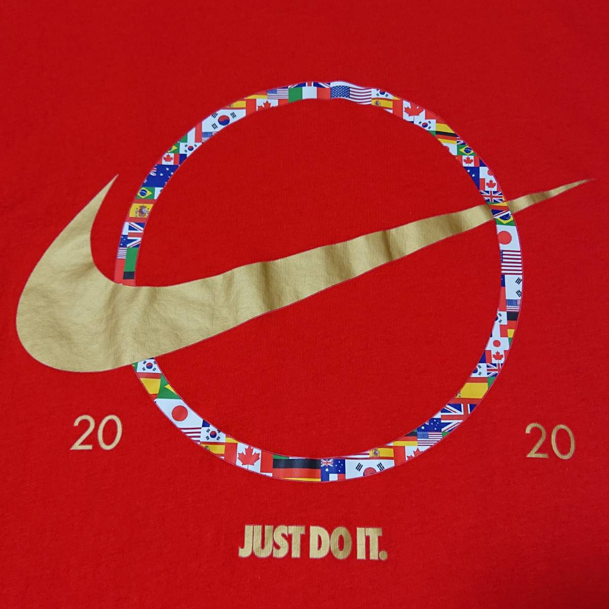 ■レア 希少 NIKE ナイキ 東京オリンピック 2020 半袖Tシャツ スウッシュ デカロゴ 五輪 万国旗 レッド 赤 ゴールド 金 XL 人気 定番 古着