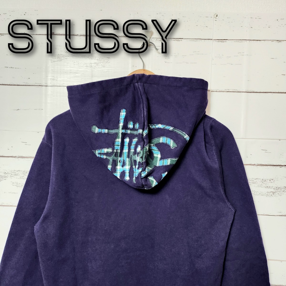 《超希少》STUSSY ステューシー ジップパーカー ネイビー チェック 刺繍