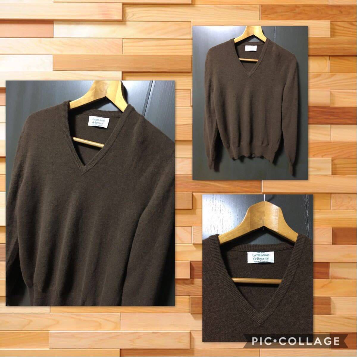 *UNITED COLORS OF BENETTON Benetton long sleeve sweater V neck rib attaching wool wool 100% lady's M~L about a little thin beautiful goods 