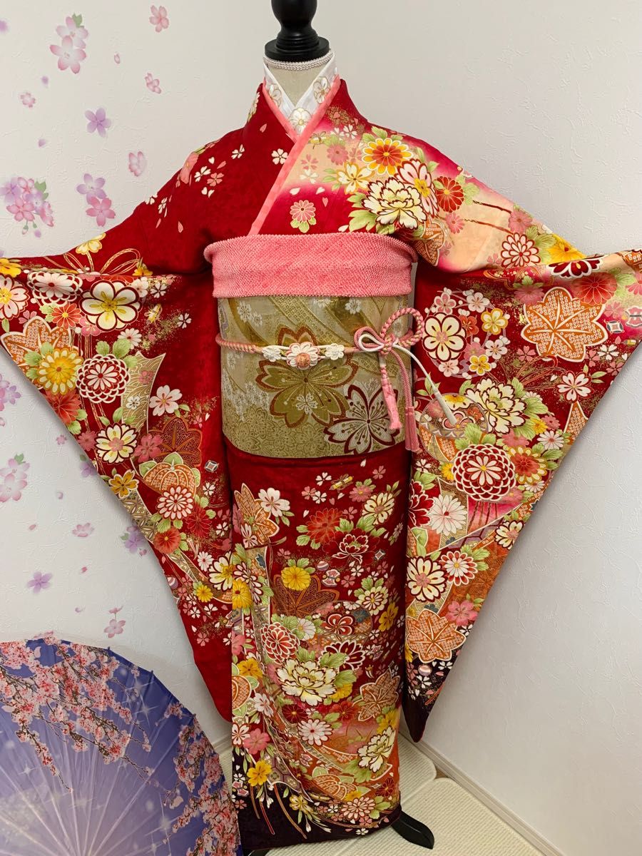 着物　振袖フルセット駒刺繍　舞花熨斗文　暈し染め　金彩