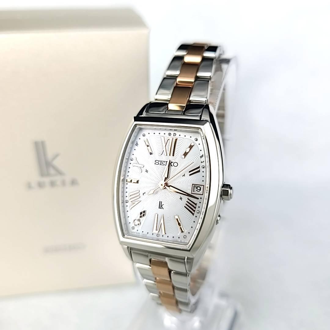 ☆【箱付ほぼ新品】セイコー SEIKO ルキア 電波ソーラー 1B32-0AA0 ライトピンク文字盤 1Pダイヤ デイト トノー レディース腕時計