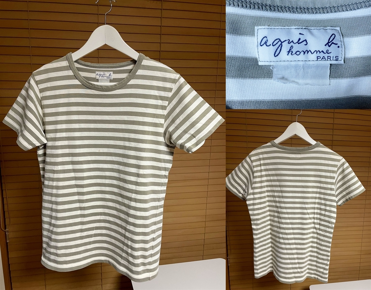 【激安1点のみ 国内正規品】agnes b. HOMME アニエスベー オム コットン100% ボーダー 半袖 Tシャツ グレーがかったベージュ系×ホワイト系_画像1