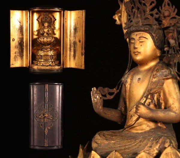 寺院買取品時代仏教美術木造釈迦如来菩薩仏像座像厨子入高さ22.5cm