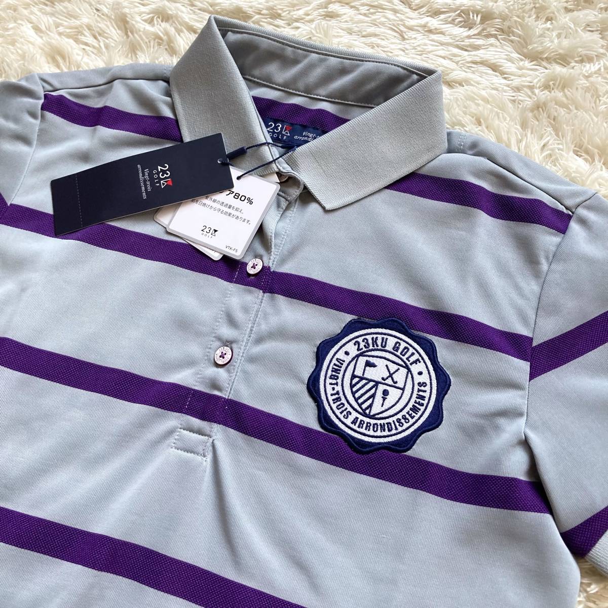 新品 未使用 23区ゴルフ ニジュウサンク ゴルフ ボーダー 半袖 ポロシャツ グレー 紫 0 レディースS シャツ 女性 パープルの画像3