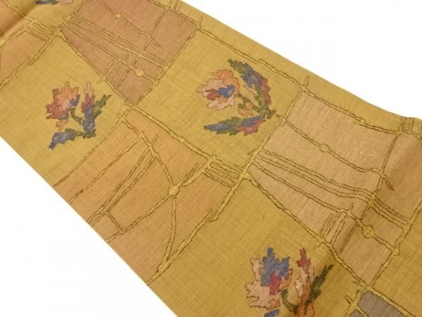 独特の素材 ys6753354; 宗sou 手織り紬格子に花・抽象模様織出し袋帯