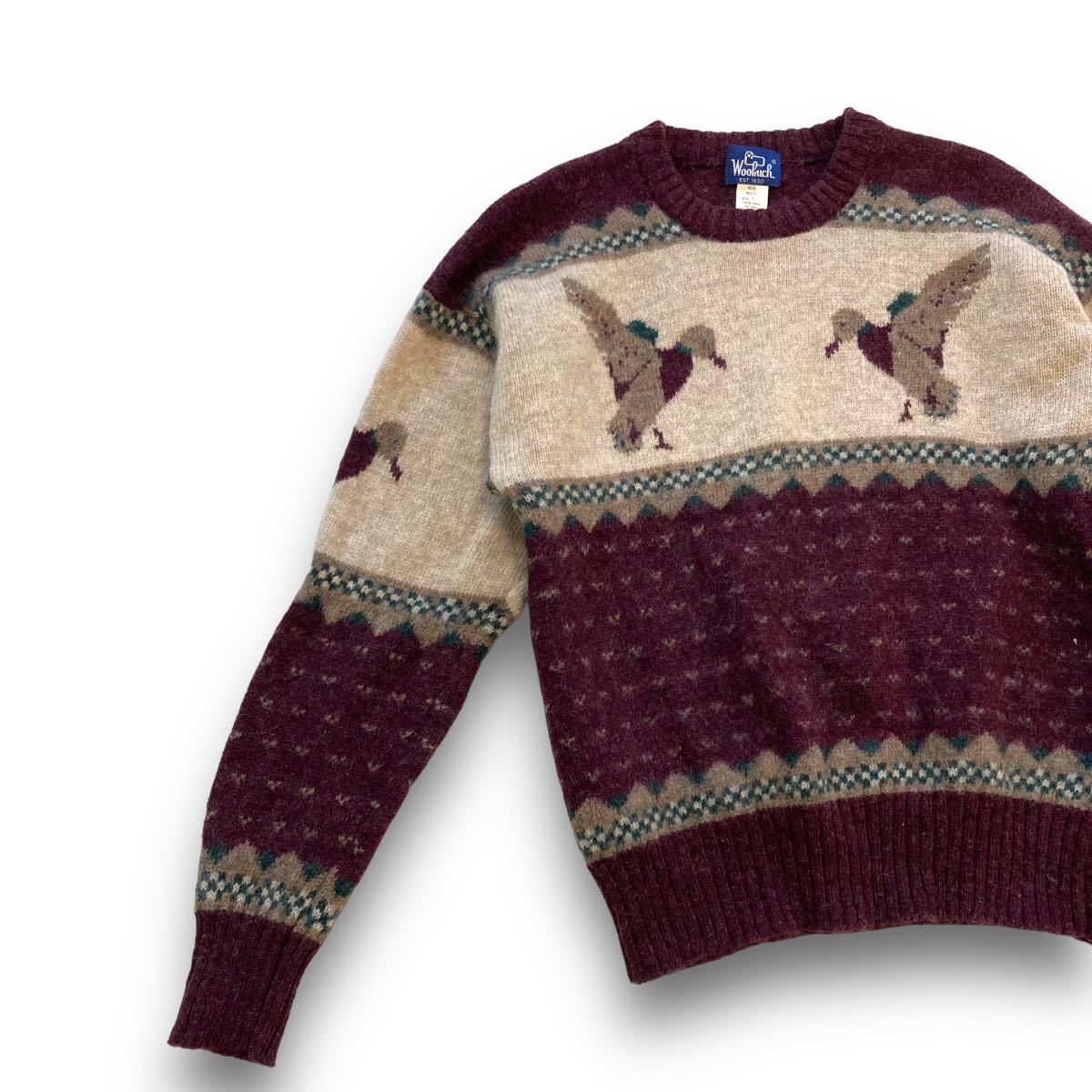 【woolrich】80s ウールリッチ バーズアイ 鳥柄 ニットセーター 80年代 ヴィンテージ 古着 カモ柄 鴨柄 SWEATER KNIT  ボーダー ワイン (L)