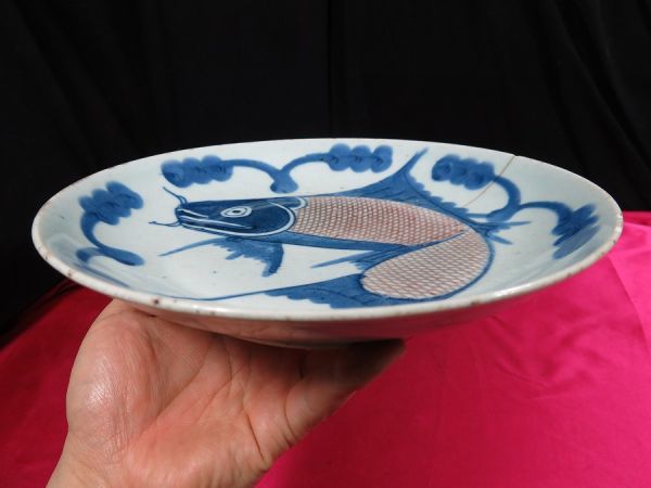 ｃ　清朝釉裏紅魚紋皿　巨大　珍品　清時代　中国　磁器　釉裏紅　辰砂　染付_画像7