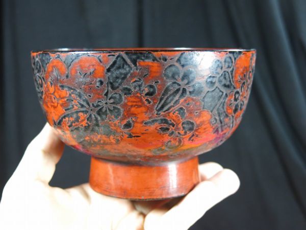 ｃ　大型漆絵根来アイヌ椀　室町～桃山時代　博物館級　名品　漆工　/　漆器　塗り物　合鹿椀　秀衡碗　吉野椀　アイヌ椀　漆絵