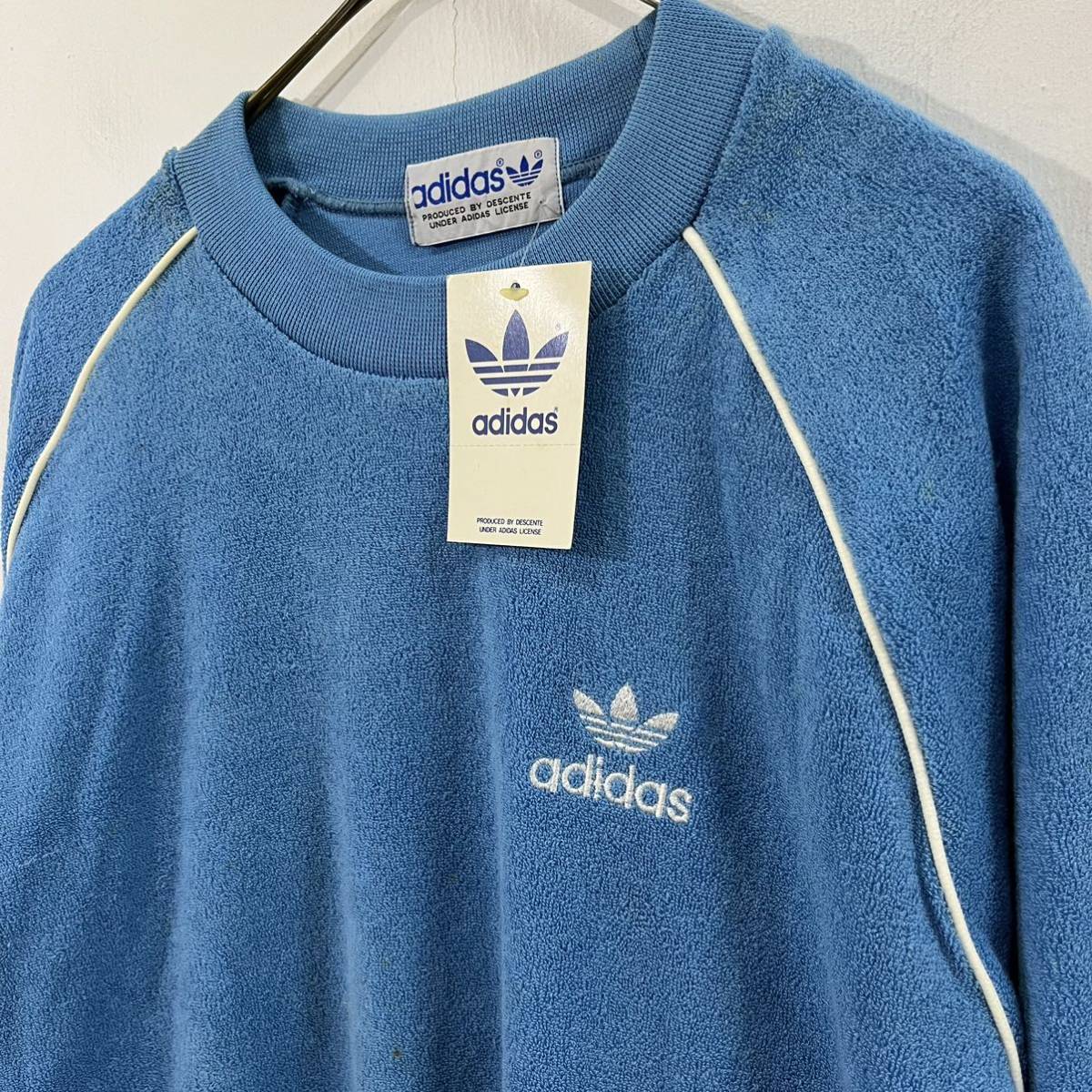 80s 90s 新品未使用タグ付き デッドストック adidas パイルスウェットカットソー 刺繍ロゴ ラグラン 希少【レターパックプラス郵送可】E_画像2