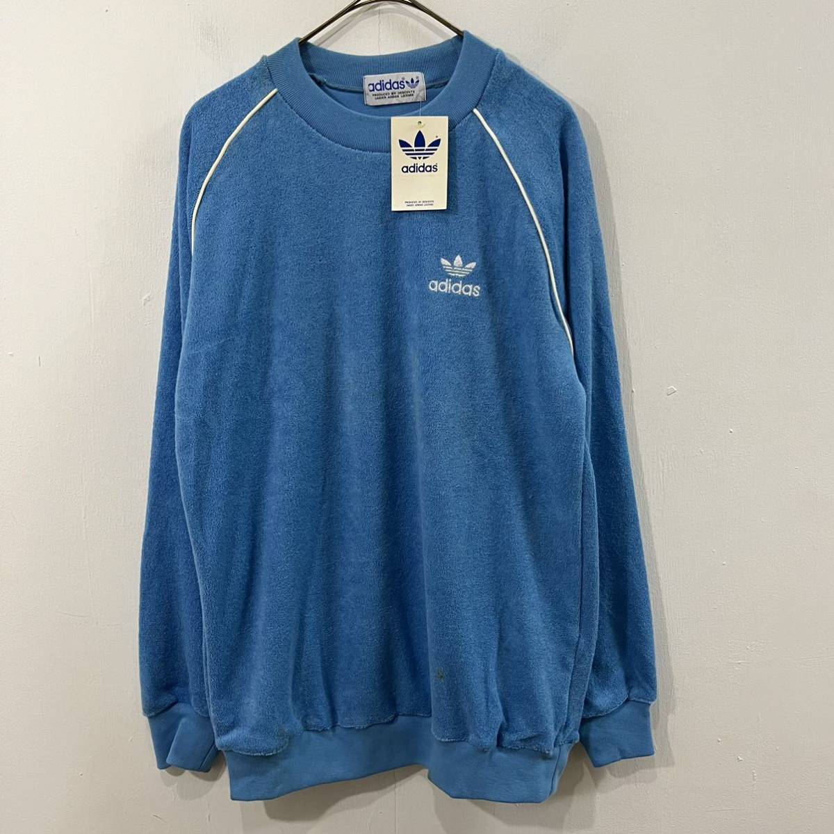 80s 90s 新品未使用タグ付き デッドストック adidas パイルスウェットカットソー 刺繍ロゴ ラグラン 希少【レターパックプラス郵送可】E_画像1