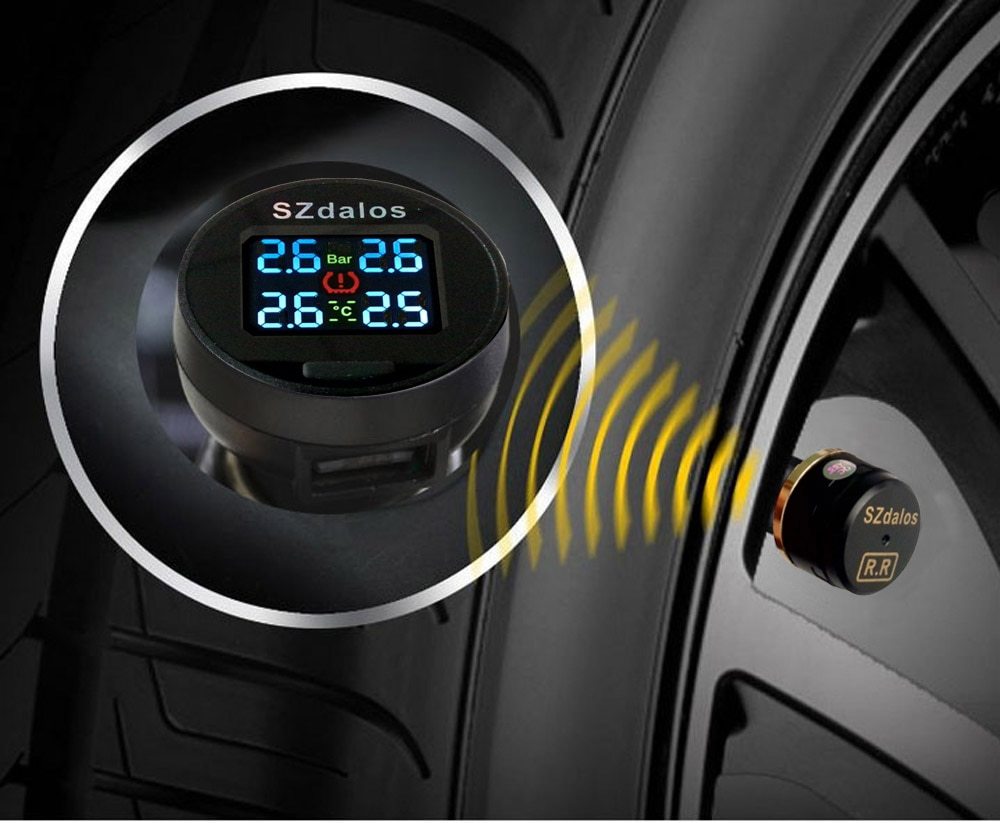 SZDALOS 車 TPMS ワイヤレスタイヤ空気圧監視システム + 4 ミニ外部センサー (0 ～ 6.8 バー/0 ～ 99 PSI) シガーライター TMPS_画像1