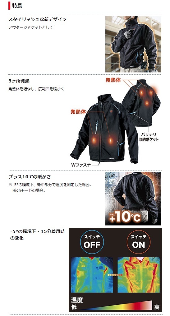 (マキタ) 充電式暖房ジャケット Lサイズ CJ205DZ 本体のみ 5ヶ所発熱 +10℃の暖かさ 洗濯乾燥機使用可 18V・14.4V・10.8V対応 makita_画像4