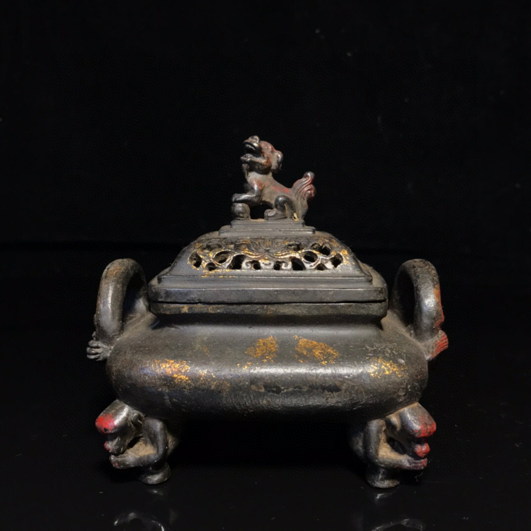 ▽鴻▽ 銅製 泥金 朱砂 雙龍耳 四足熏香炉 置物 古賞物 中国古玩 中国古美術