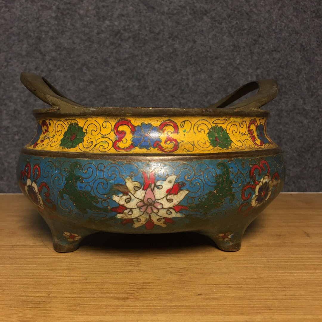 オリジナル 雙耳 琺瑯彩 景泰藍 銅製 ▽鴻▽ 三足熏香炉 中国古美術