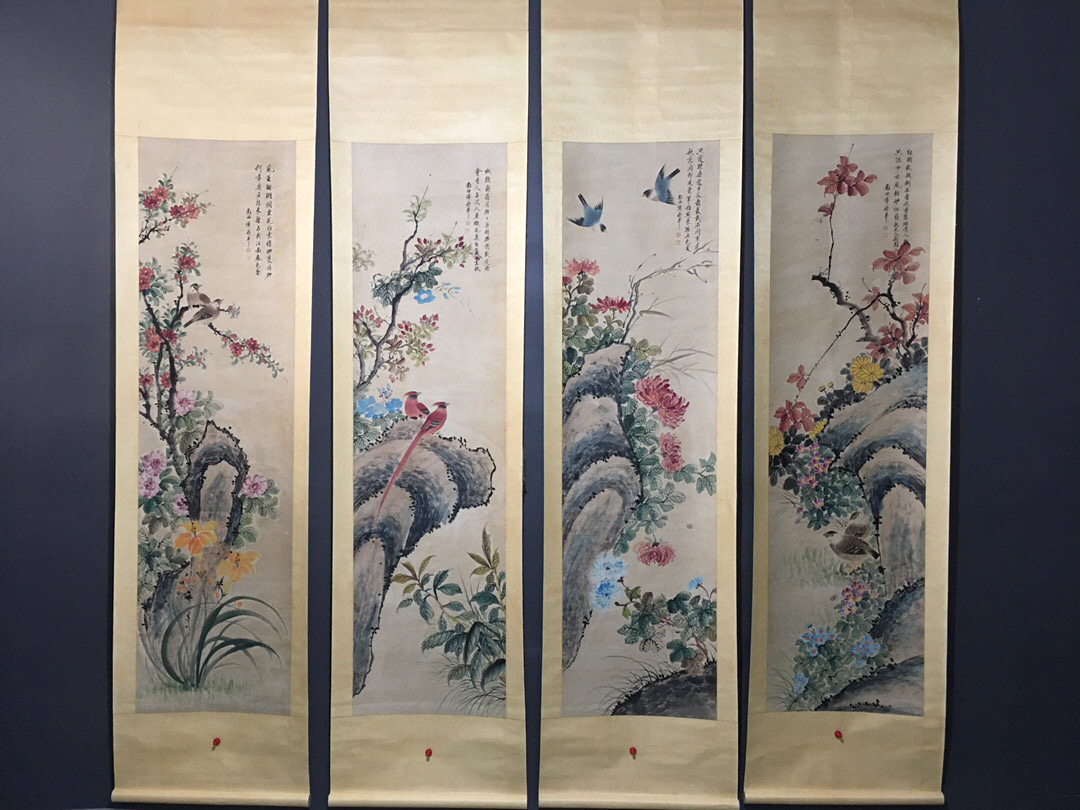 ▽鴻▽【中国字画】清代 惲寿平 四條屏中堂画 花鳥画 肉筆紙本 稀少